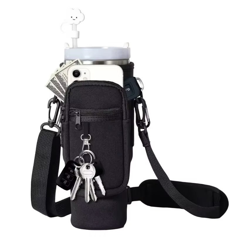 Premium Water Bottle Carrying Sleeve with Adjustable Shoulder Strap & Storage Pocket