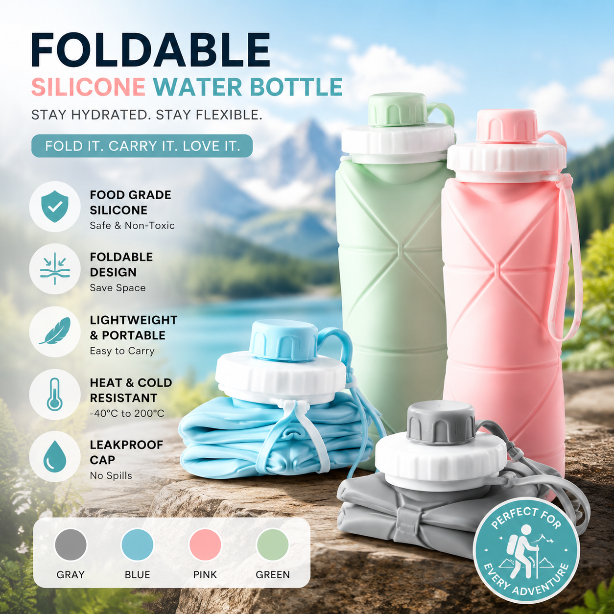 Premium Foldable Silicone Water Bottle | Leakproof Collapsible Travel Sports Bottle