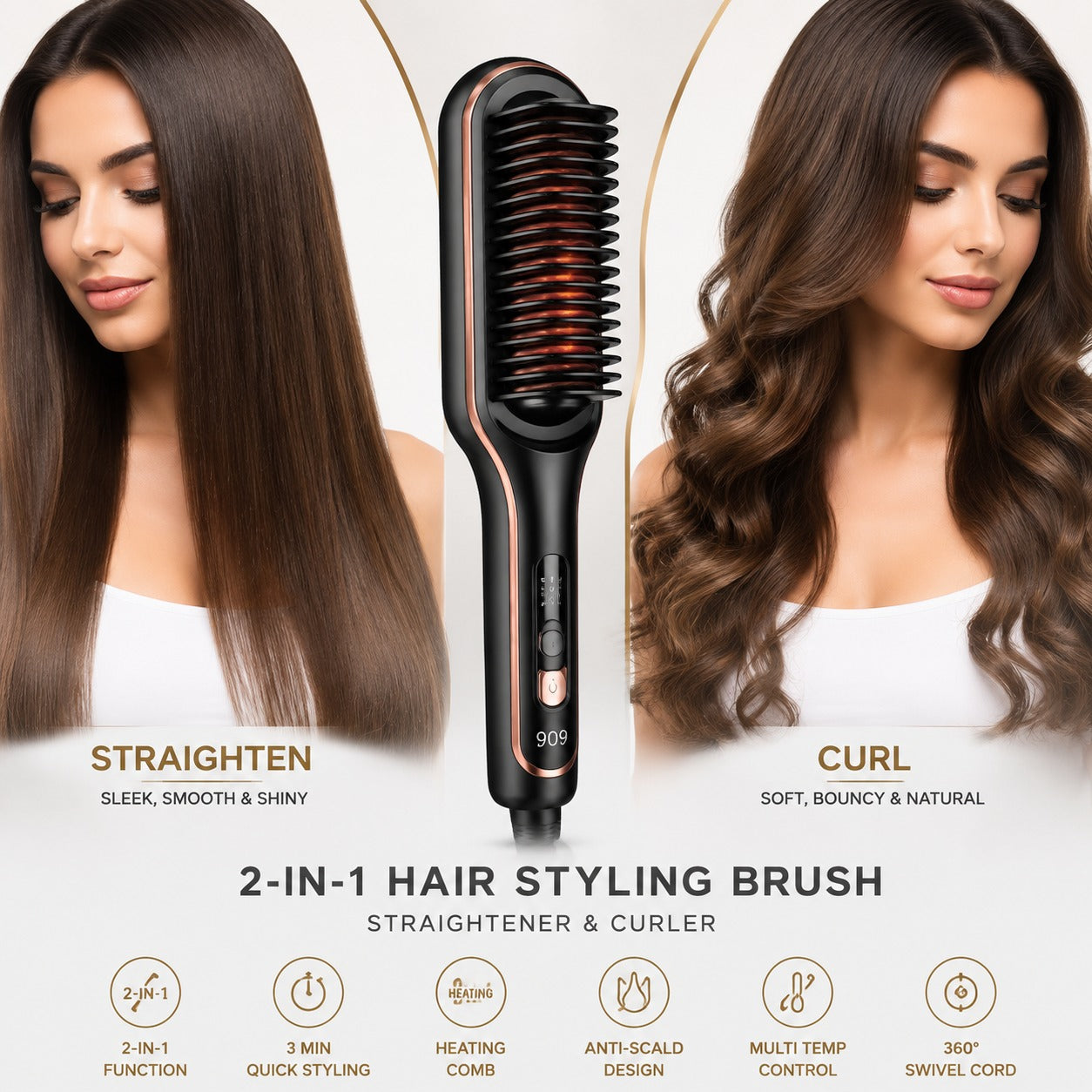 909 Hair Straightening Brush – 2-in-1 Electric Hair Straightener & Curler