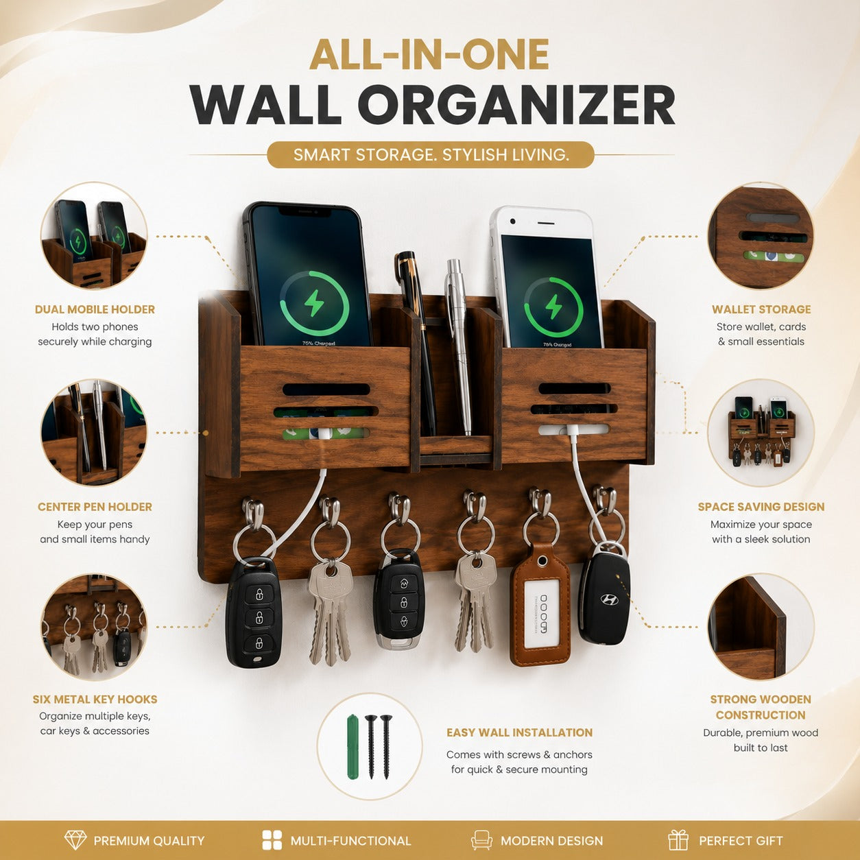 Multipurpose Wooden Key Holder – Decorative Wall Key Hanger