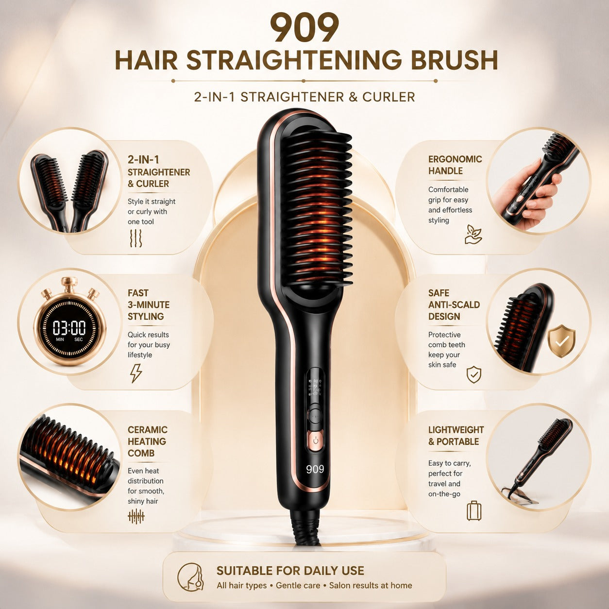 909 Hair Straightening Brush – 2-in-1 Electric Hair Straightener & Curler