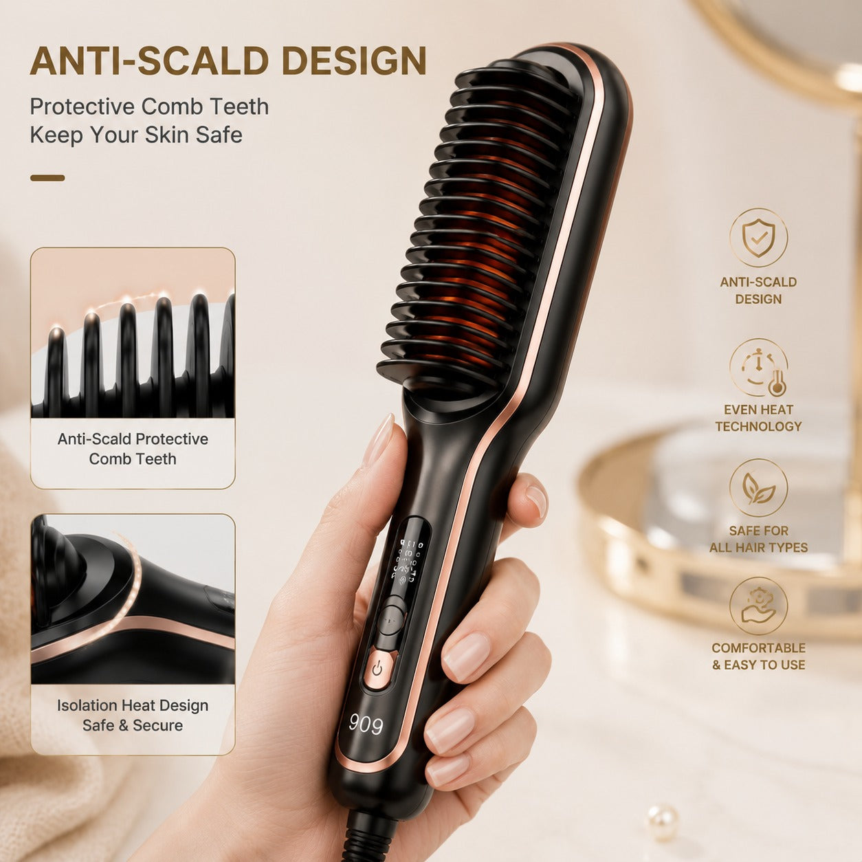 909 Hair Straightening Brush – 2-in-1 Electric Hair Straightener & Curler